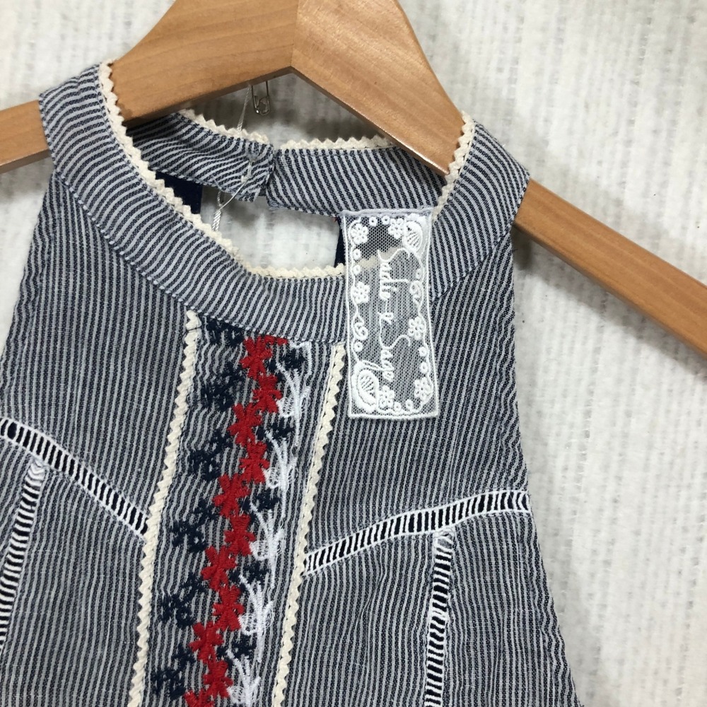 Stripe Halter‎ Dress Embroidered Lace Trim Blue White Red Cotton Blend Size S - Picture 3 of 7